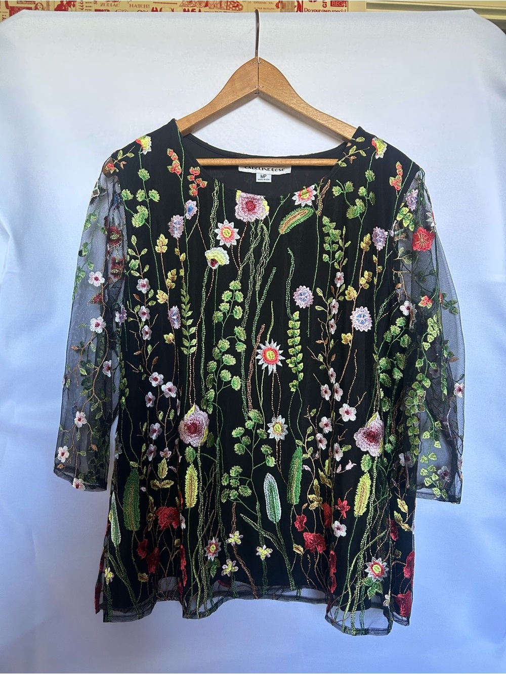 Caroline Rose-Black Floral Embroidered Sheer Tunic Top